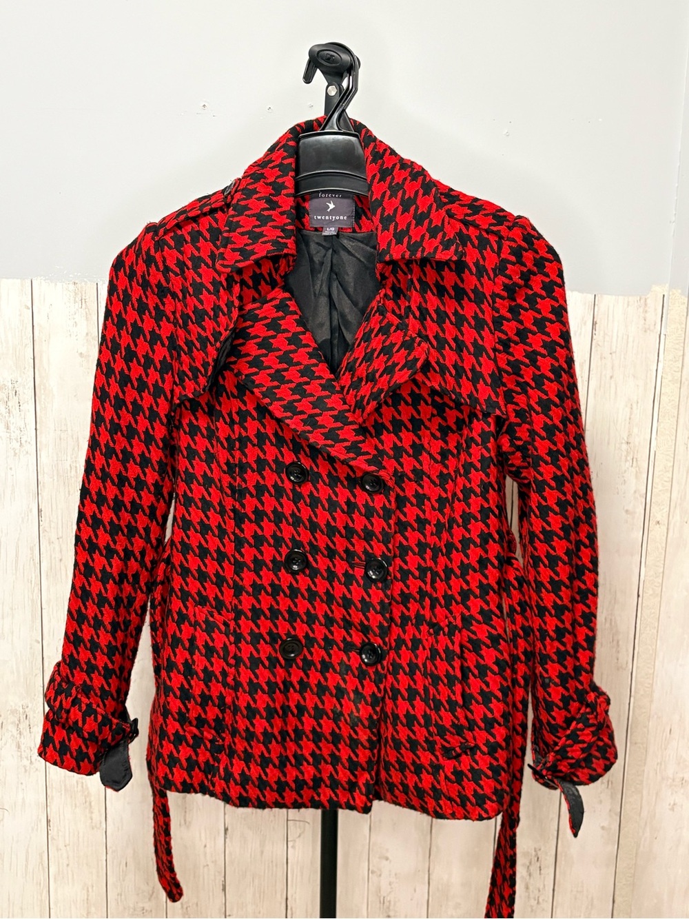 Forever 21 Red and Black Houndstooth Double-Breasted Peacoat